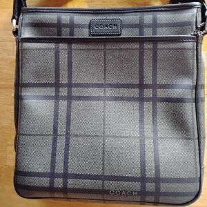 Coach Men's Gray Plaid Tattersall Messenger / Map Bag Leather Trim